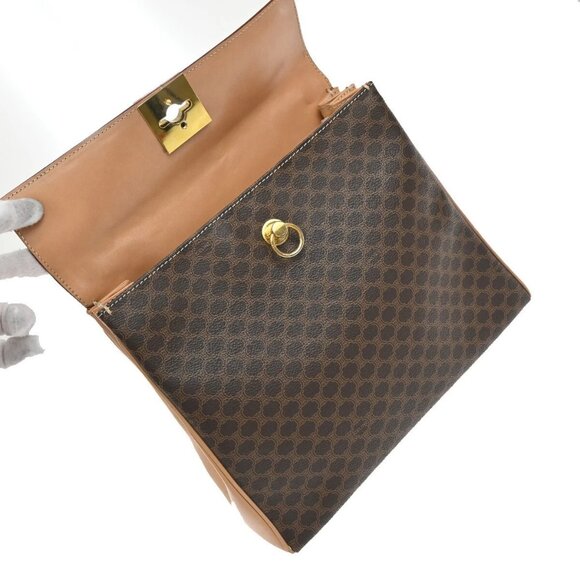 CELINE Logo Macadam Pattern Hand Bag PVC Leather Brown Gold Italy 04EF233 - Picture 8 of 14